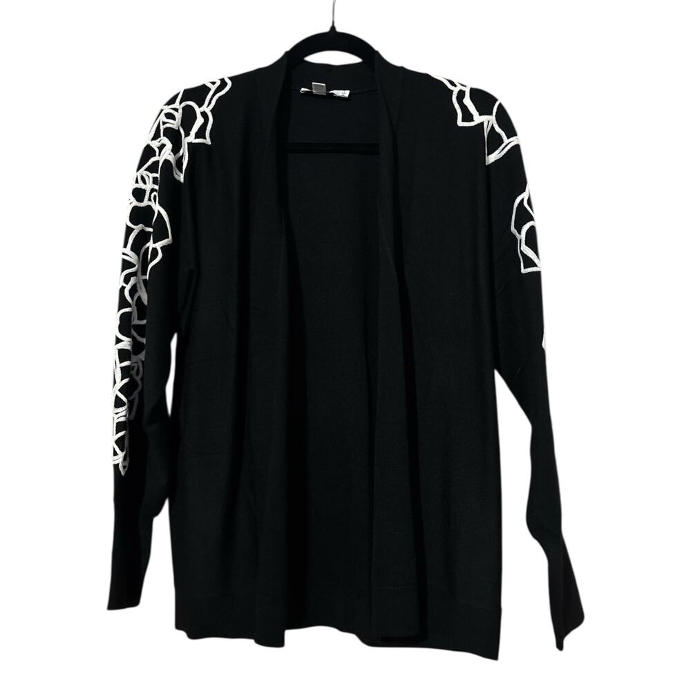 Chico’s Black & White Embroidered Open Cardigan – Size 1 – NWOT